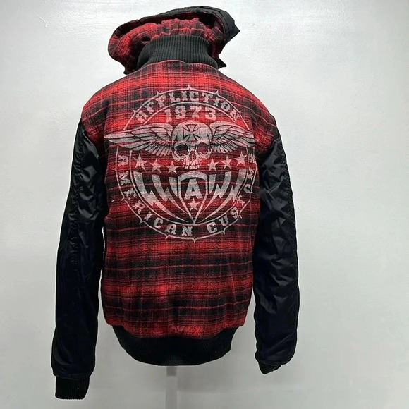 Affliction Jacket Bomber Coat Reversible Plaid American Custom Red Black Small * - Picture 2 of 13